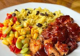 BBQ Chicken Breast with Rib Meat in BBQ Sauce, Rice & Beans and Vegetables - Individual Meal